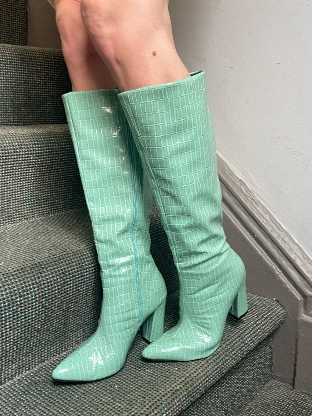 Never worn. Mint Croc-Embossed Knee High Boots - Women's Fashion Boots